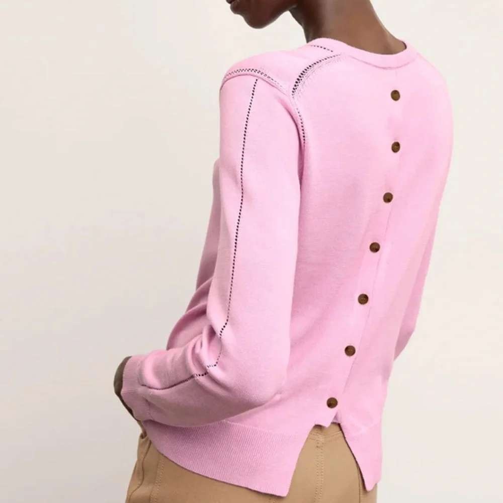 MM Lafleur Larissa Sweater Size L Taffy Button Back Pointelle Knit Cotton Silk